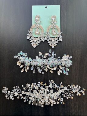 Iridescent Crystal Hair Combs, Earrings Sets, and bridal belt- each $15